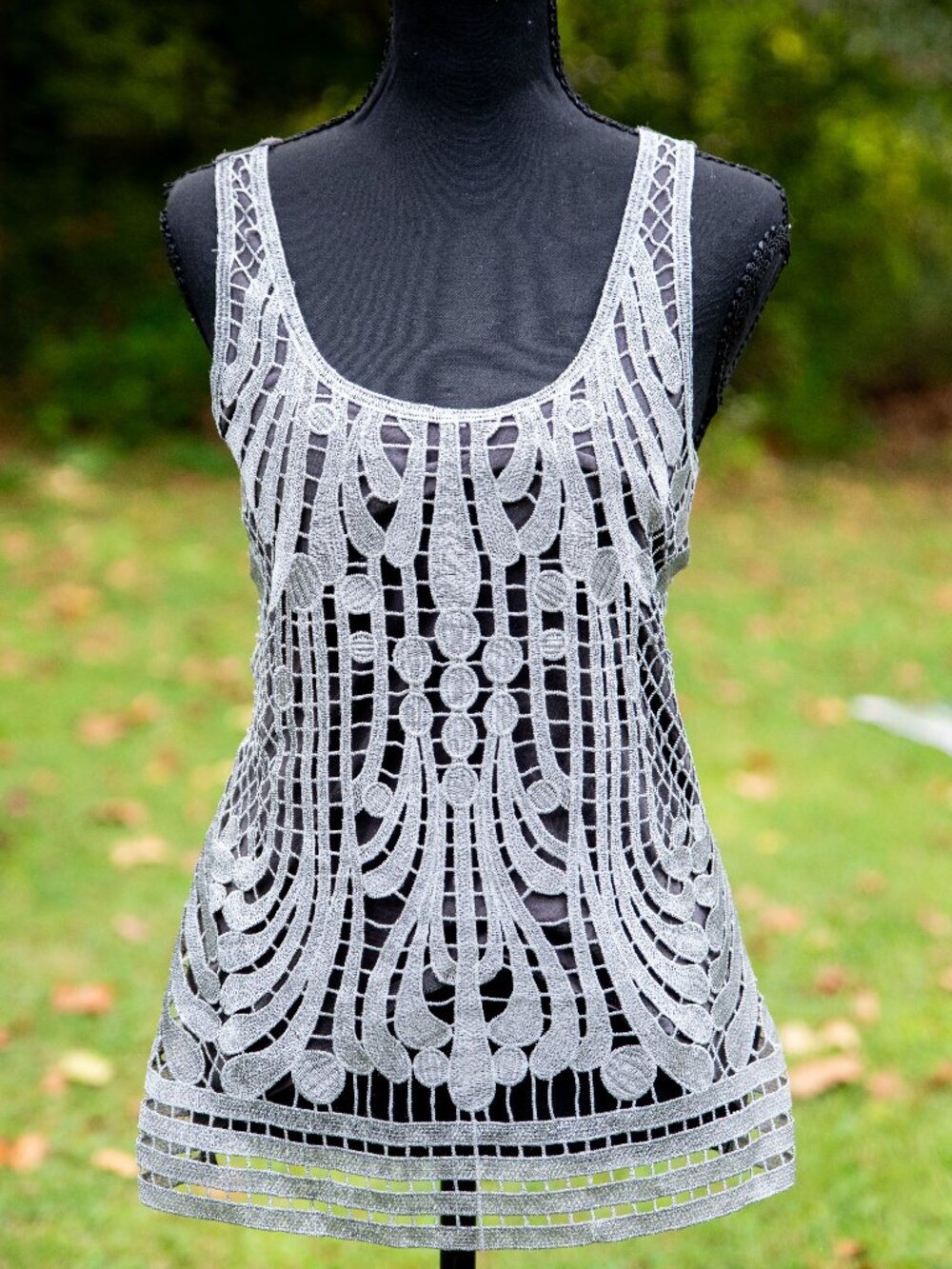 Women's Silver metallic lace overlay tank top from Express size Small Boho Y2K
